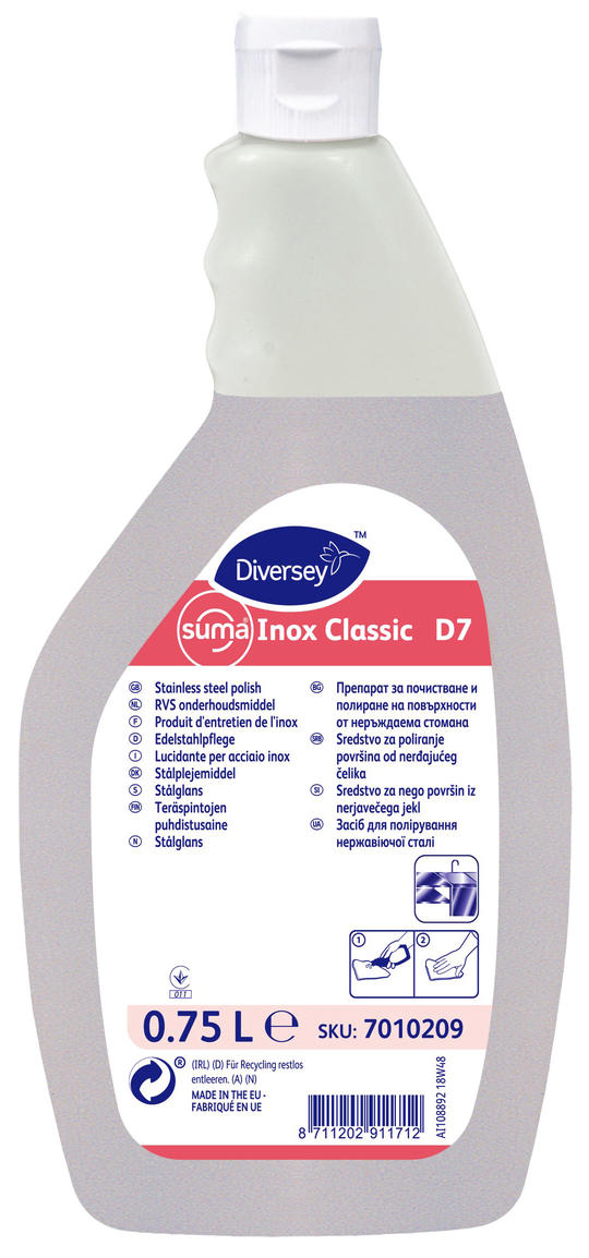 Płyn do stali Suma Inox Classic D7 750ml Polerowanie i zabezpieczanie stali nierdzewnej Suma Inox Classic D7 jest preparatem przeznaczonym do polerowania i zabezpieczania powierzchni pionowych wykonanych ze stali nierdzewnej, które nie mają bezpośredniego kontaktu z żywnością, np.: chłodziarek, zamrażarek, drzwi i ścianek piekarników, zmy...