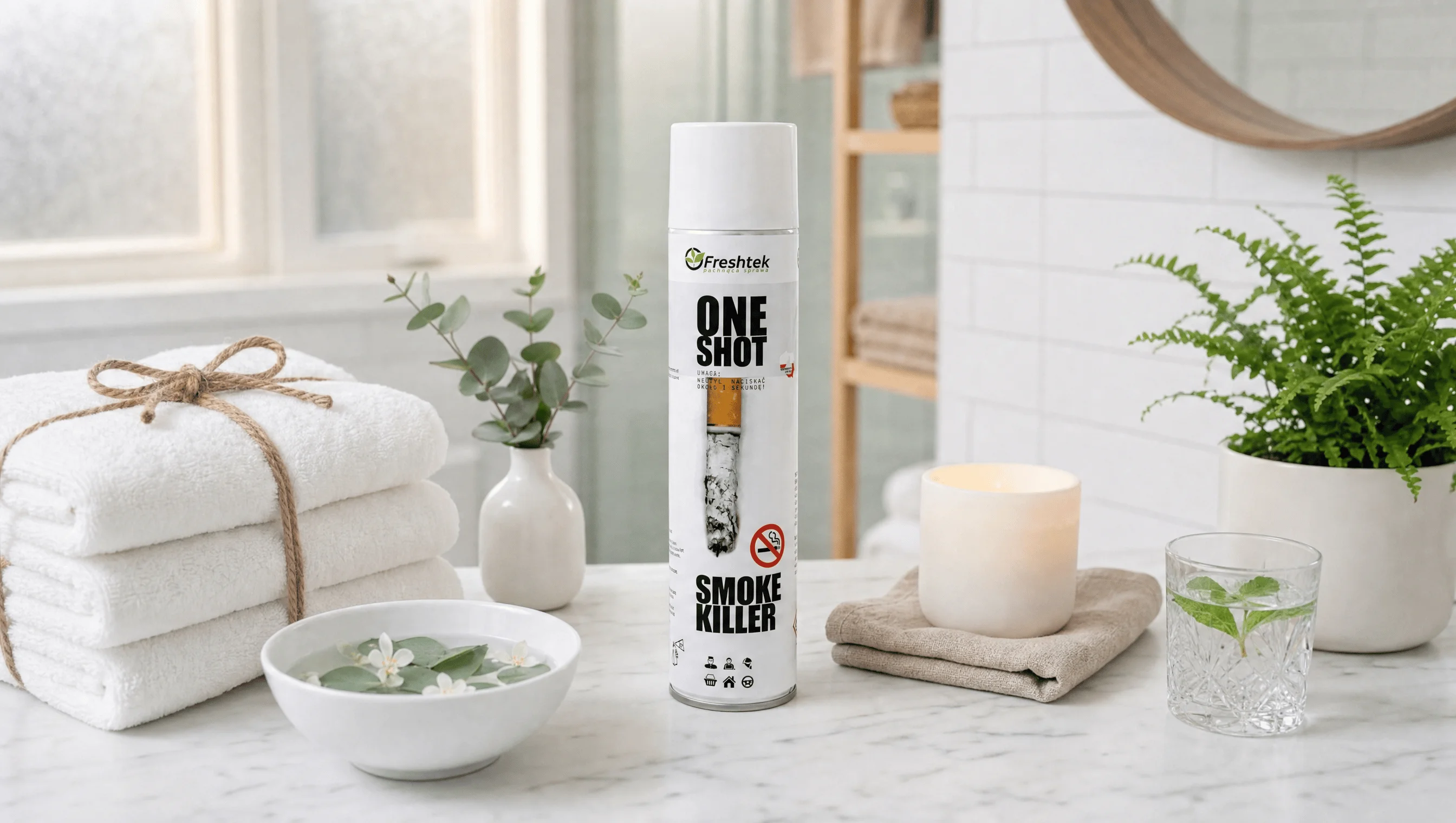 Aerozolowy odświeżacz Freshtek One Shot Smoke Killer 600ml w białej puszce na marmurowym blacie wśród dekoracji łazienkowych.