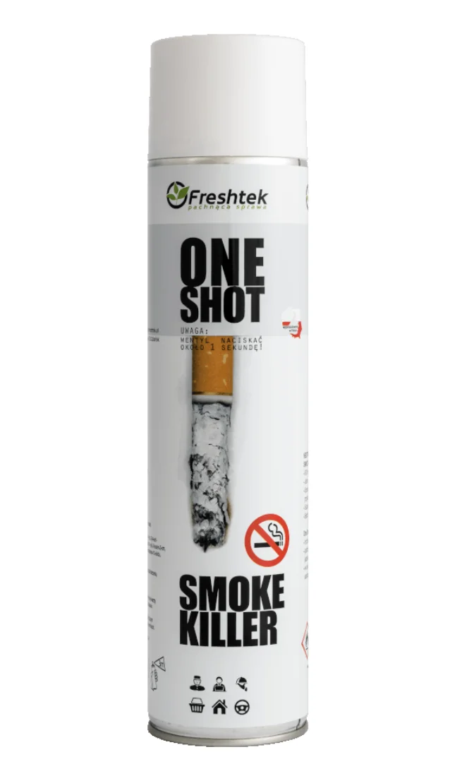Aerozolowy odświeżacz Freshtek One Shot Smoke Killer 600ml na białym tle, w białej puszce z czarnym napisem i grafiką papierosa.