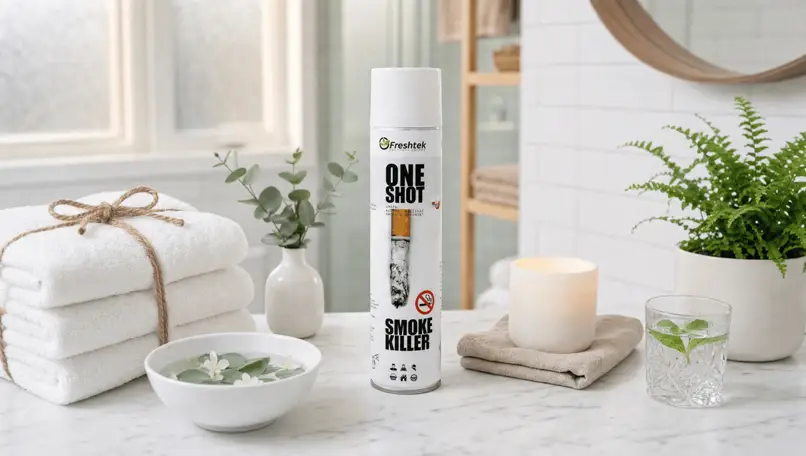 Aerozolowy odświeżacz Freshtek One Shot Smoke Killer 600ml w białej puszce na marmurowym blacie wśród dekoracji łazienkowych.