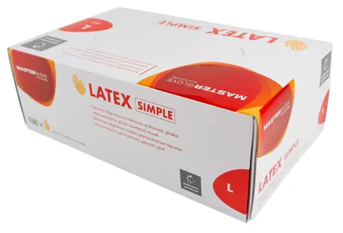 Rękawice LATEKSOWE L 100szt MASTER GLOVE pudrowane Opakowanie rękawic lateksowych LATEX SIMPLE L pudrowanych 100 sztuk MASTER GLOVE.