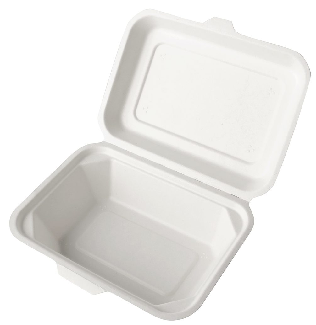 Pojemnik na Hamburger podwójny z trzciny 18,7/16/7,4cm Pojemnik na hamburger podwójny z trzciny cukrowej, kolor biały, otwarty, widok z góry.