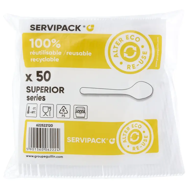 Opakowanie 50 łyżeczek Servipack białych PS serii Superior 12,5cm jednorazowych