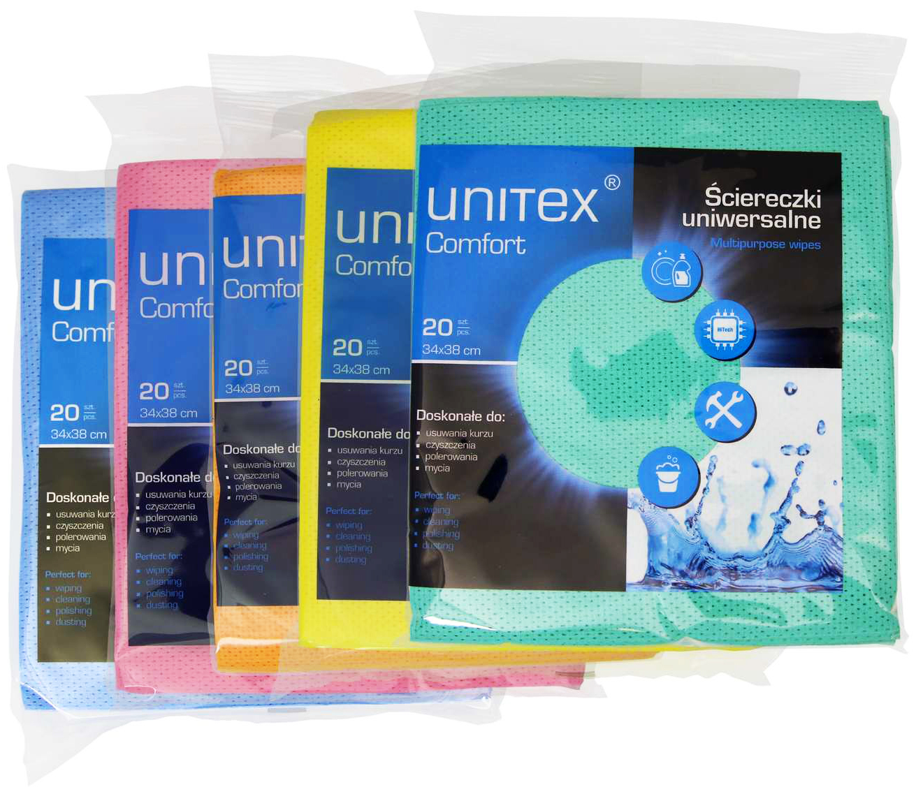 Ścierka uniwersalna UNITEX COMFORT 38/32Jak Bawełna 20szt Ścierki uniwersalne UNITEX Comfort bawełniane wielokolorowe 34x38 cm, opakowanie 20 szt.