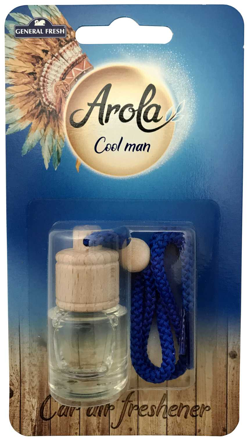 Odświeżacz samochodowy Arola Cool Man 5ml w szklanym słoiczku z drewnianą zakrętką i niebieskim sznureczkiem