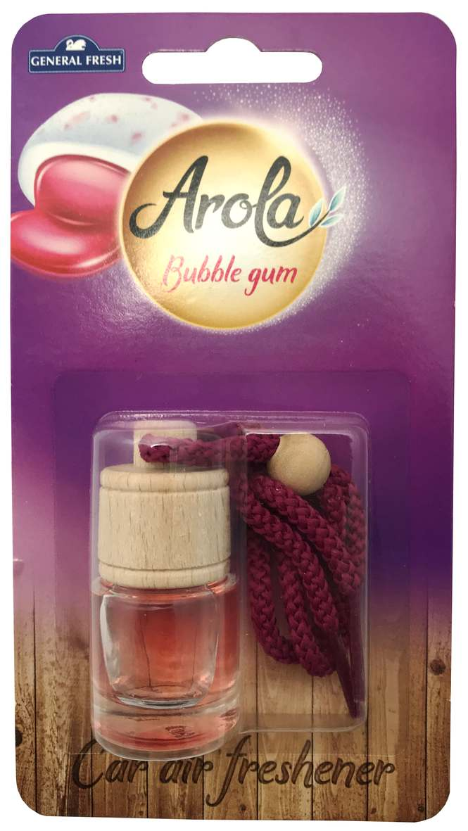 Odświeżacz samochodowy Arola Bubble Gum 5ml z drewnianą zakrętką i woreczkiem zapachowym.