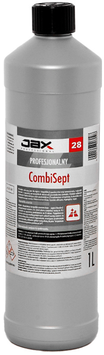 JAX CombiSept do dezynfekcji 1 L w przemyśle spożywczym powierzchni i wyposażenia KONCENTRAT 1= 50L JAX CombiSept, preparat do dezynfekcji 1 L, koncentrat do przemysłu spożywczego, opakowanie plastikowe z czarną zakrętką