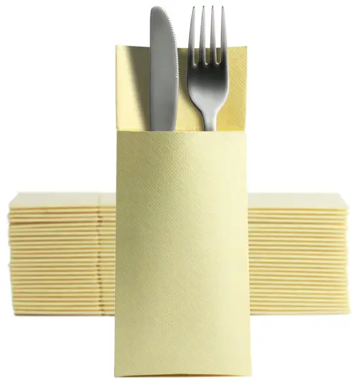 Wysokiej jakości, dwufunkcyjna serwetka - kieszonka na sztućce, po rozłożeniu serwetka gatronomiczna. Przeznaczona również do użytku domowego. Opakowanie zawiera: 50szt.


<!-- M4 P25 K40-->