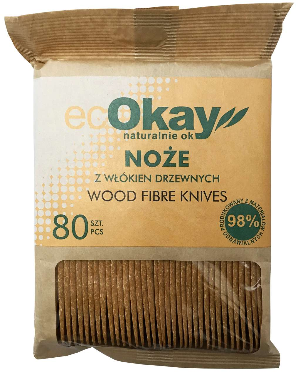Noże z włókien drzewnych Ecokay 80 sztuk, brązowe, opakowanie papierowe z oknem