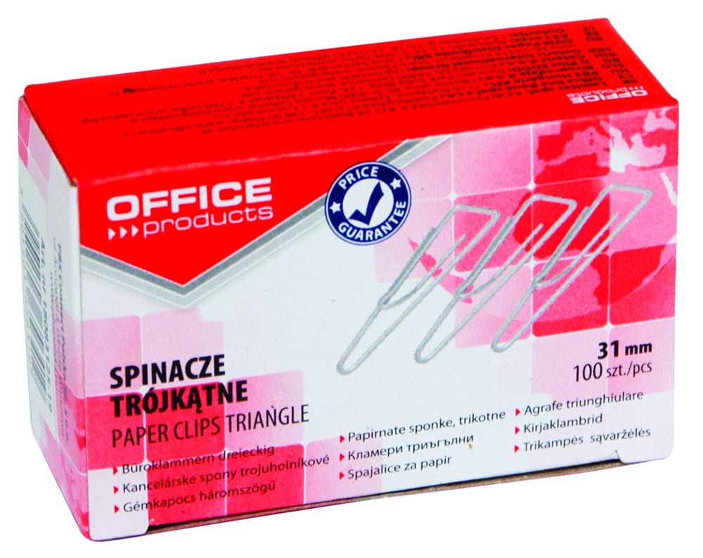 Spinacze biurowe trójkątne 31mm marki Office Products, opakowanie 100 sztuk, srebrne, do dokumentów papieru