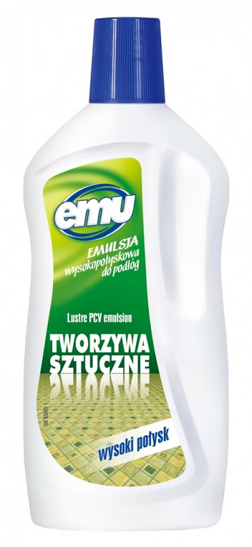 Emulsja EMU do podłóg PCV 450ml, wysoki połysk, białe opakowanie z niebieską nakrętką.
