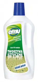 Emulsja EMU do podłóg PCV 450ml, wysoki połysk, białe opakowanie z niebieską nakrętką.