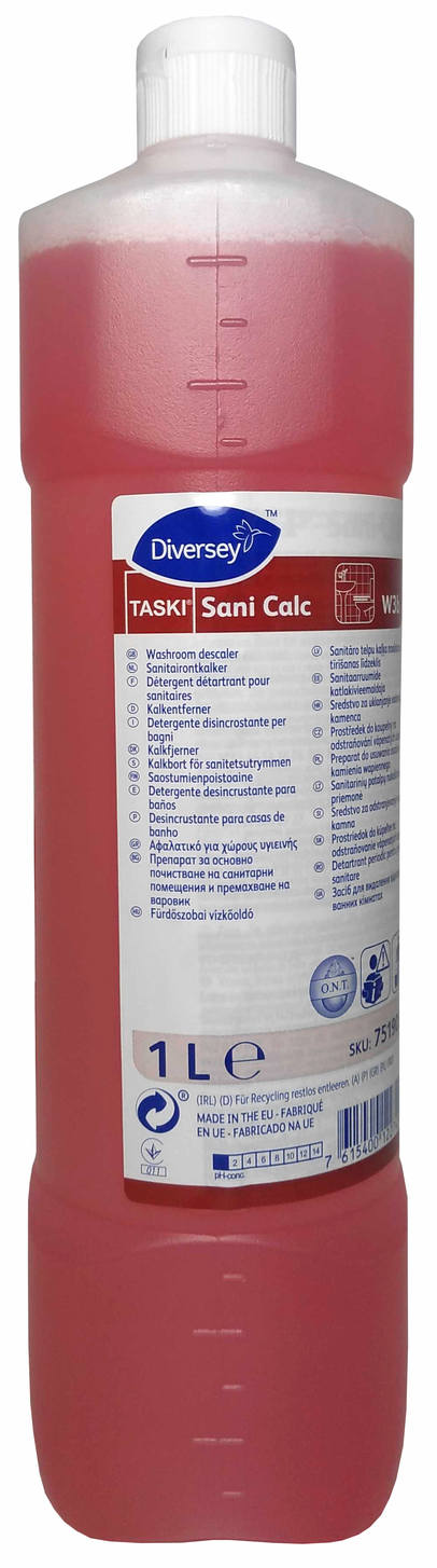 Płyn do łazienki TASKI Sani Calc 1L do usuwania kamienia wapiennego, różowy preparat w butelce.