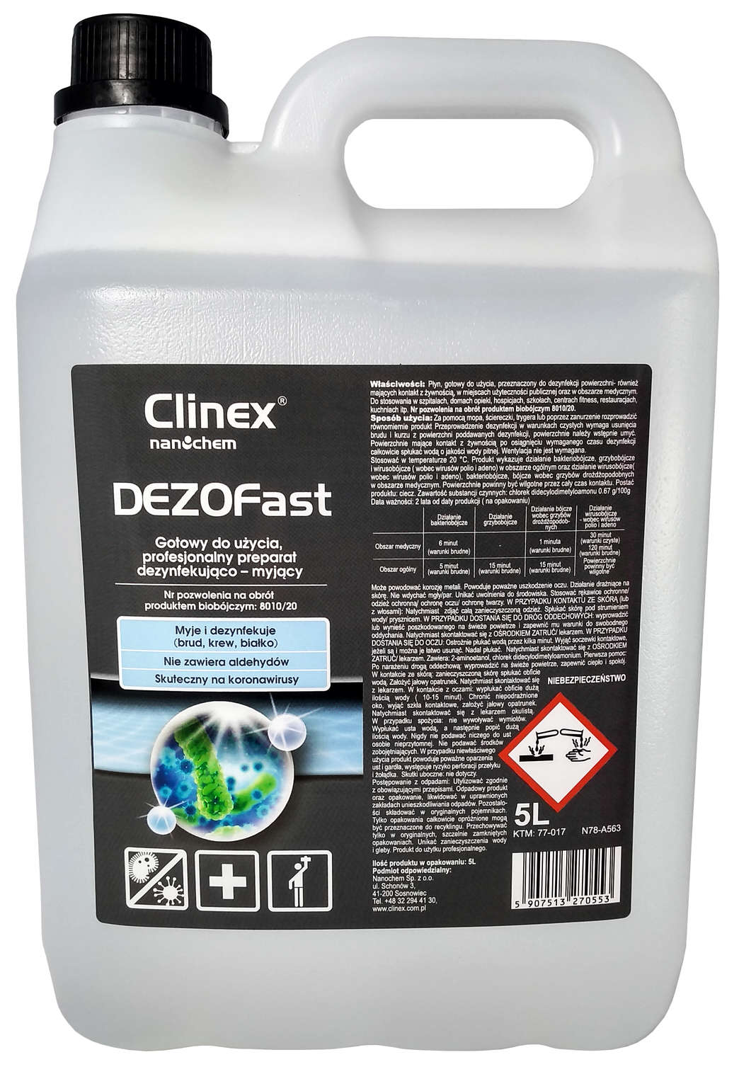 Clinex DezoFast dezynfekująco-myjący preparat do powierzchni 5l, kanister z czarnym zakrętką.