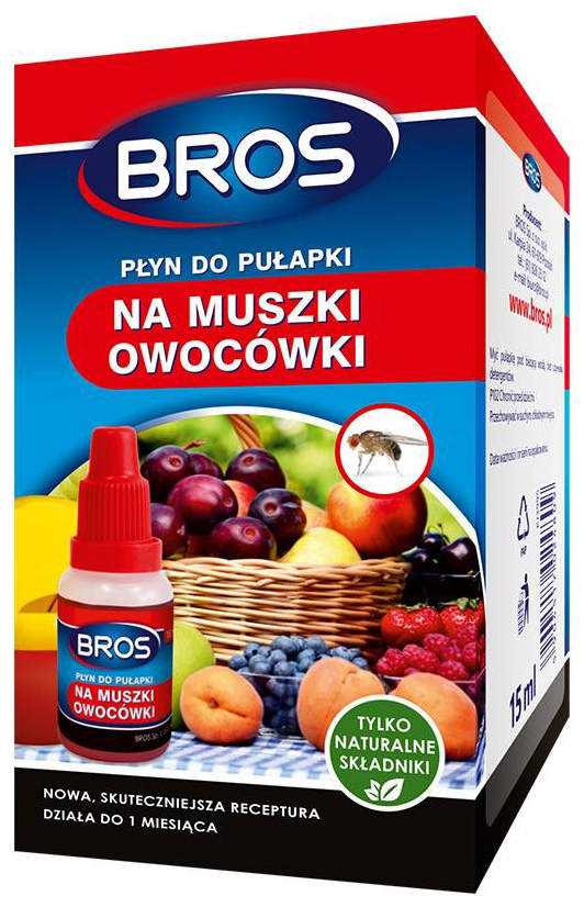 BROS płyn na muszki owocówki 15ml zapas, pojemnik z rozpylaczem, opakowanie kartonowe
