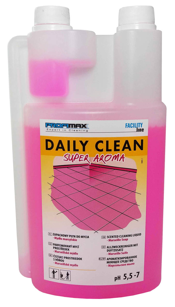 Płyn zapachowy DAILY CLEAN 1L mydło marsylskie do mycia powierzchni, różowy koncentrat w butelce z białą etykietą.