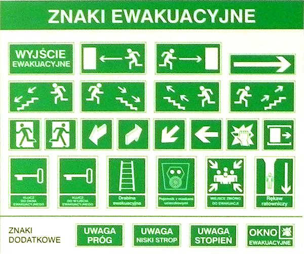 Tablica FOTOLUM 15/30 ze znakami ewakuacyjnymi - zielone znaki z białymi pictogramami kierunków ucieczki, schodów i ostrzeżeń