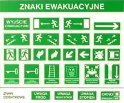 Tablica FOTOLUM 15/30 ze znakami ewakuacyjnymi - zielone znaki z białymi pictogramami kierunków ucieczki, schodów i ostrzeżeń