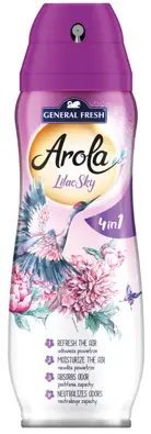 Odświeżacz General Fresh Arola spray 300ml Lilac Sky w fioletowym opakowaniu z kwiatami i ptakami.