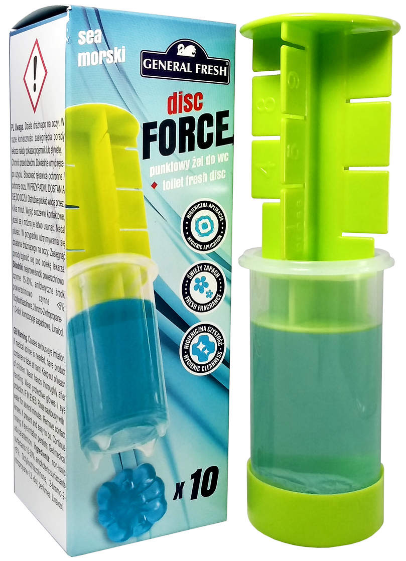 Żel do WC General Fresh Disc Force Morze 10 krążków - aplikator z żelem wraz z otwartym opakowaniem kartonowym.