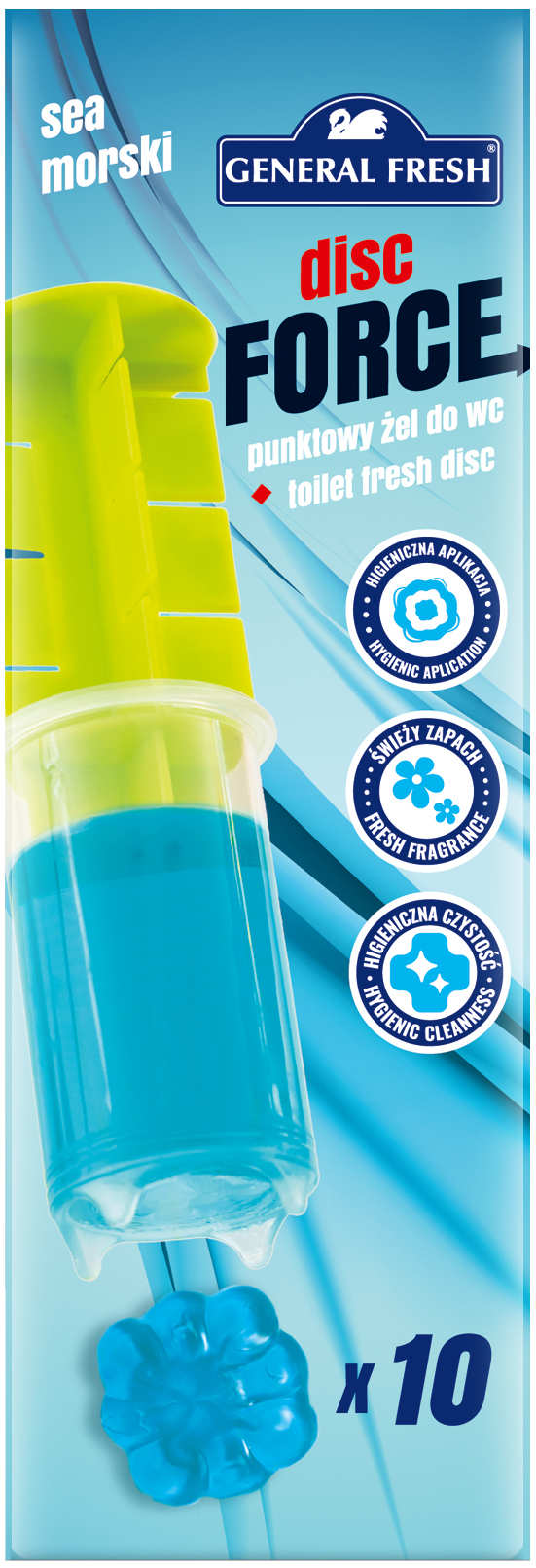 Żel do WC General Fresh Disc Force Morze 10 krążków 60ml - opakowanie front z widocznym aplikatorem i niebieskim żelem.