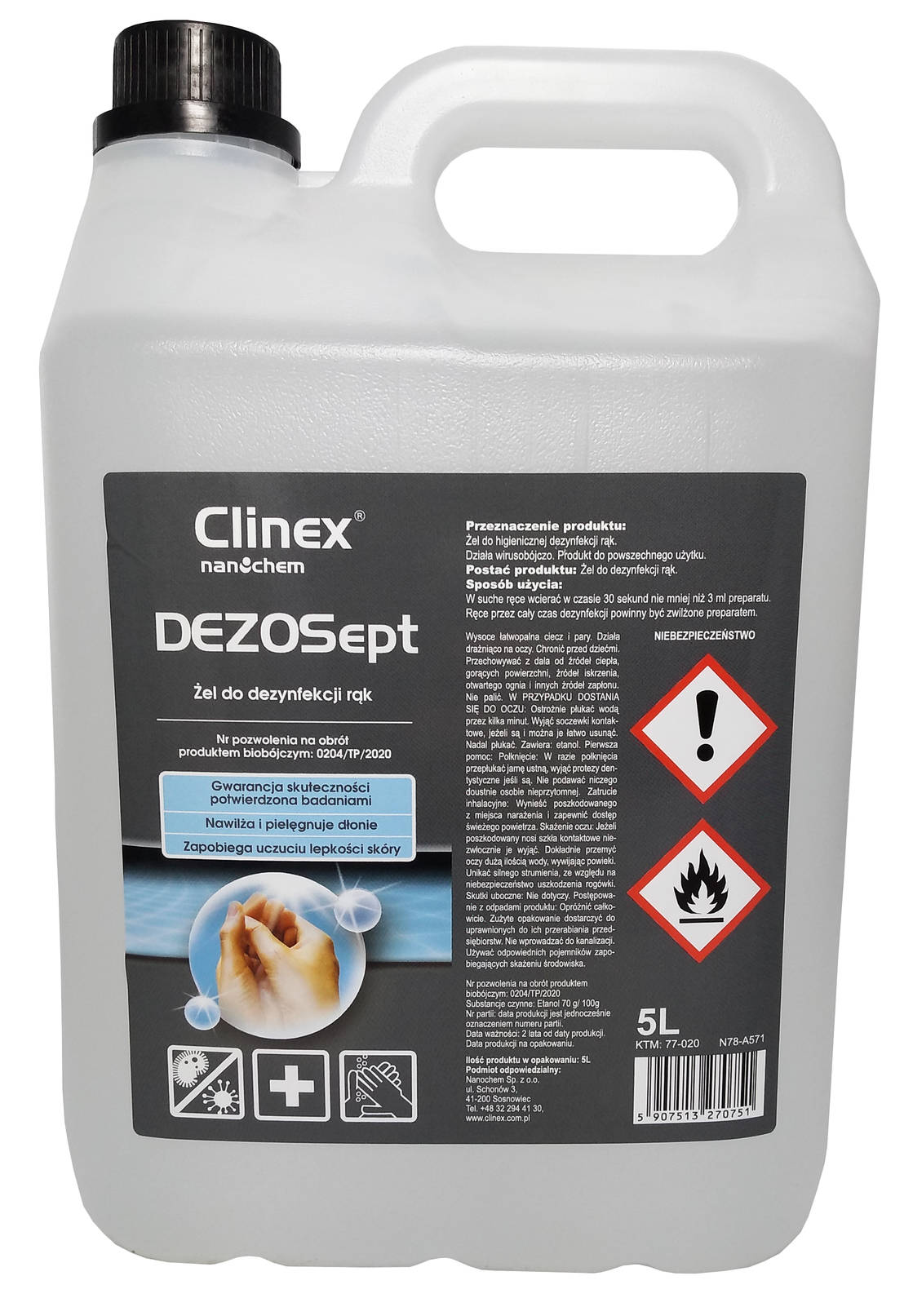 Clinex DezoSept żel do dezynfekcji rąk 5 litrów, kanister z etykietą i czarnym zakrętką