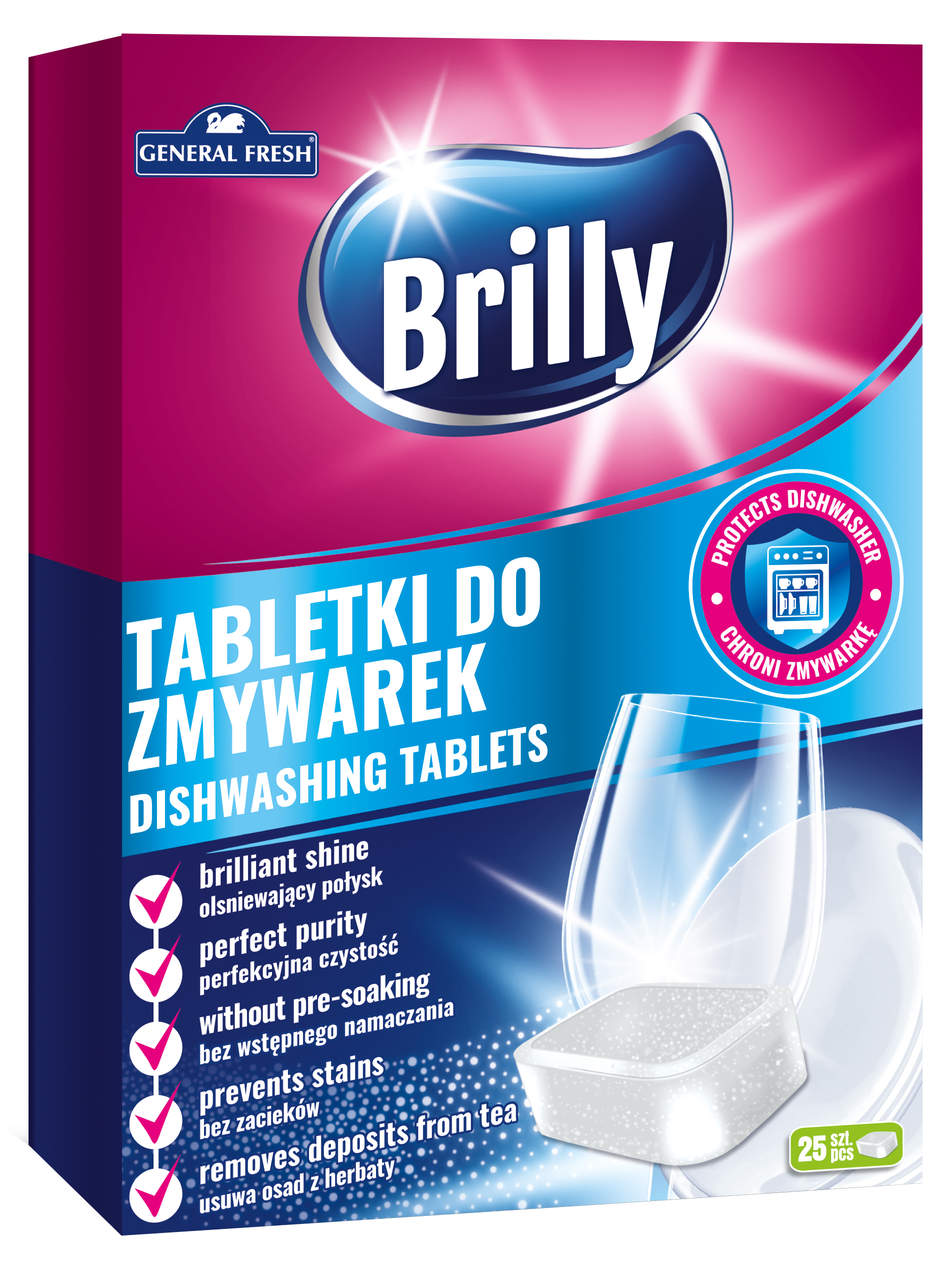 Brilly tabletki do zmywarek 25 sztuk w opakowaniu kartonowym z niebiesko-różową grafiką i wizerunkiem tabletki.