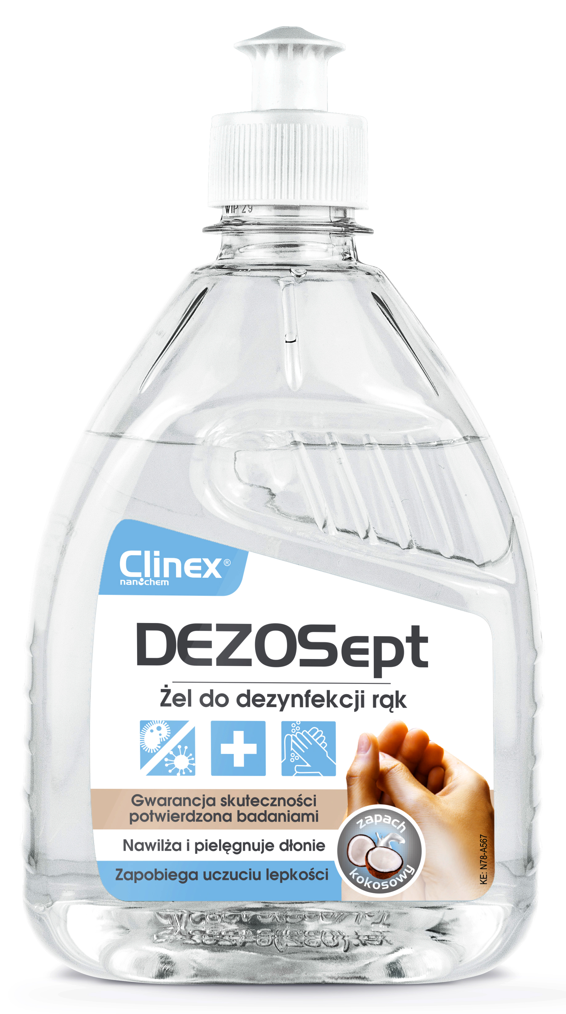 CLINEX DezoSept żel do dezynfekcji rąk 0,5 l w butelce z pompką, przezroczysty płyn o aromacie kokosowym.