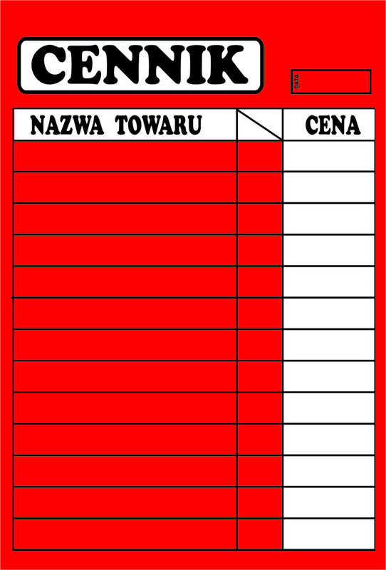 Tablica laminowana A2 CENNIK z nagłówkiem, kolumny nazwa towaru i cena, czerwone i białe pola do uzupełnienia.