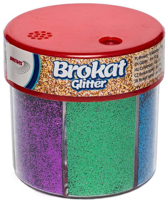 Brokat sypki Brokkat 6 kolorów po 10g w pudełku z czerwoną pokrywką.