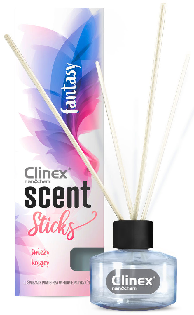 Odświeżacz powietrza Clinex Scent 45ml z patyczkami zapachowymi Fantasy w przezroczystej butelce