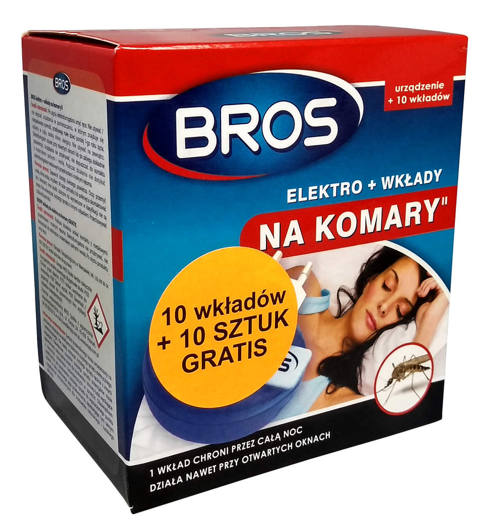 Opakowanie elektrycznego urządzenia BROS na komary z 10 wkładami i 10 sztuk gratis, niebiesko-czerwone.
