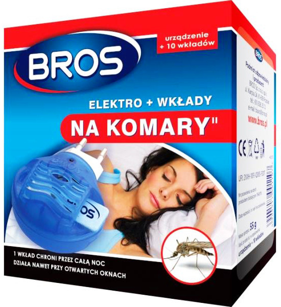 BROS Elektro na komary + wkłady płytki. Urządenie + płytki 10szt. Elektryczne urządzenie na komary z wkładami. Płytki, które pod wpływem ciepła uwalniają substancję, doskonale zwalczają owady nawet przy otwartych oknach. Jedna płytka działa przez 10h. Produkt ma niedrażniący zapach. Urządzenie jest bezgłośne, nie zak...