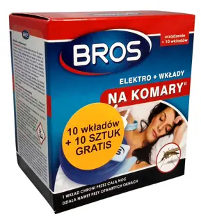 Opakowanie elektrycznego urządzenia BROS na komary z 10 wkładami i 10 sztuk gratis, niebiesko-czerwone.