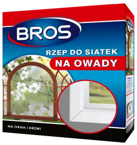 Rzep do moskitiery BROS 5,6 m na okna i drzwi, opakowanie produktu z wizualizacją aplikacji.