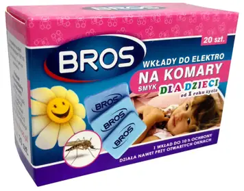 Wkłady nasączone substancją czynną do stosowania z elektrofumigatorem do zwalczania komarów. Chronią pomieszczenia przed owadami nadlatującymi z zewnątrz nawet przy otwartych oknach i włączonym świetle. Wkład zabezpiecza pomieszczenie ok. 30 m3 przez o...