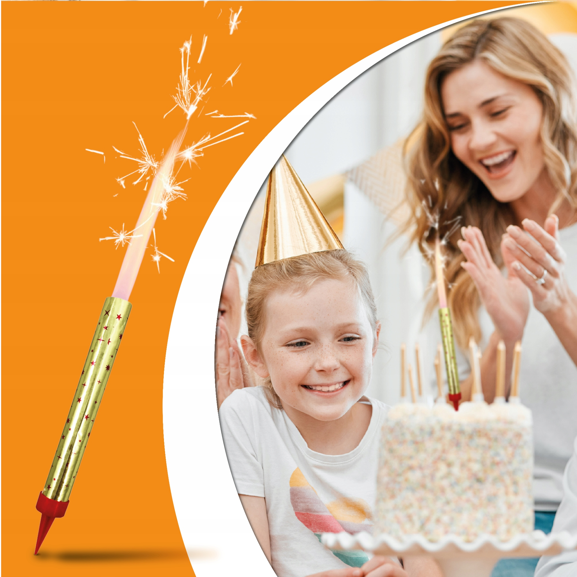 Świeczka fontanna Party 25cm złota z iskierkami, czerwoną podstawką, długość 25cm