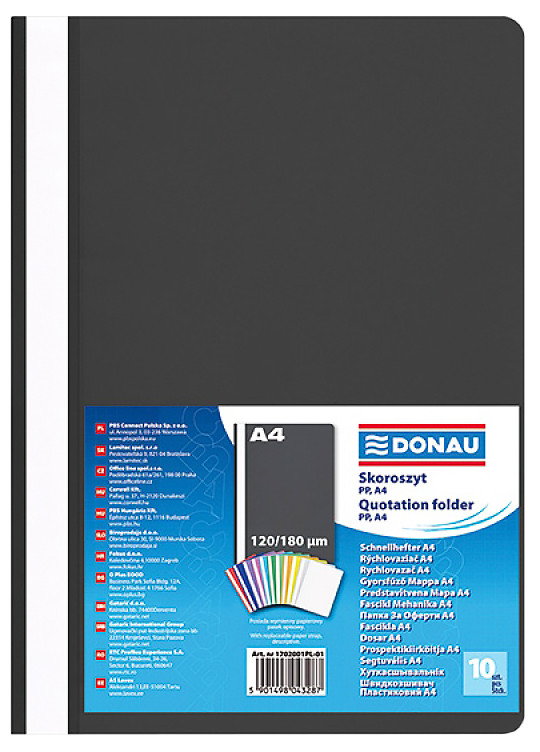 Skoroszyt PCV A4 120/180 mikr Skoroszyt wykonany z PCV, strona przednia transparentna, mieści ok 200 kartek. Wymienny, dwustronnie zapisywany pasek brzegowy. Wymiary: 235x310mm. 180 mic.
