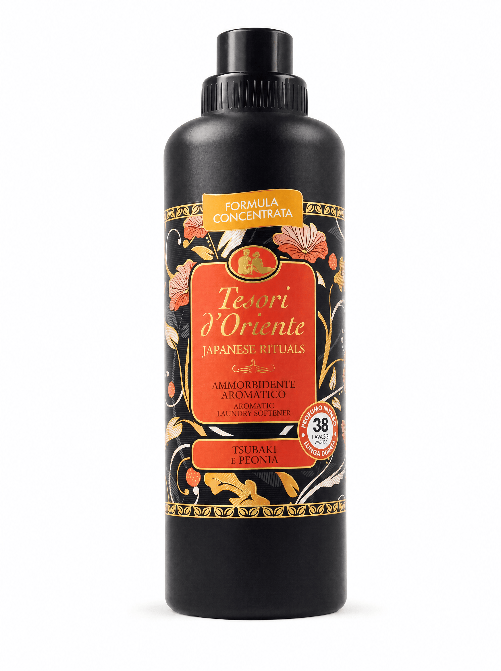Płyn do płukania Tesori d'Oriente Japanese Rituals 760ml w czarnej butelce z etykietą w kolorze pomarańczowym i złocie na białym tle.