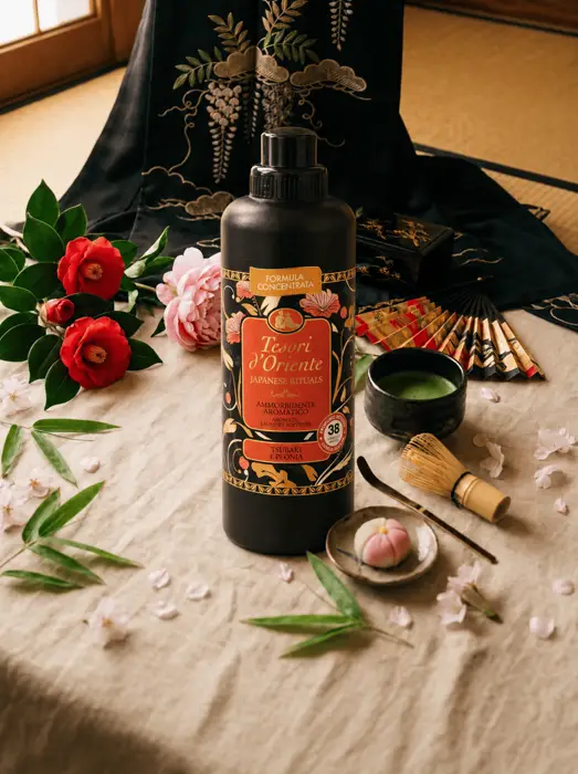 Płyn do płukania Tesori d'Oriente Japanese Rituals w aranżacji na jasnym tle z kwiatami, zapalanką, filiżanką matcha i japońskim wachlarzem.