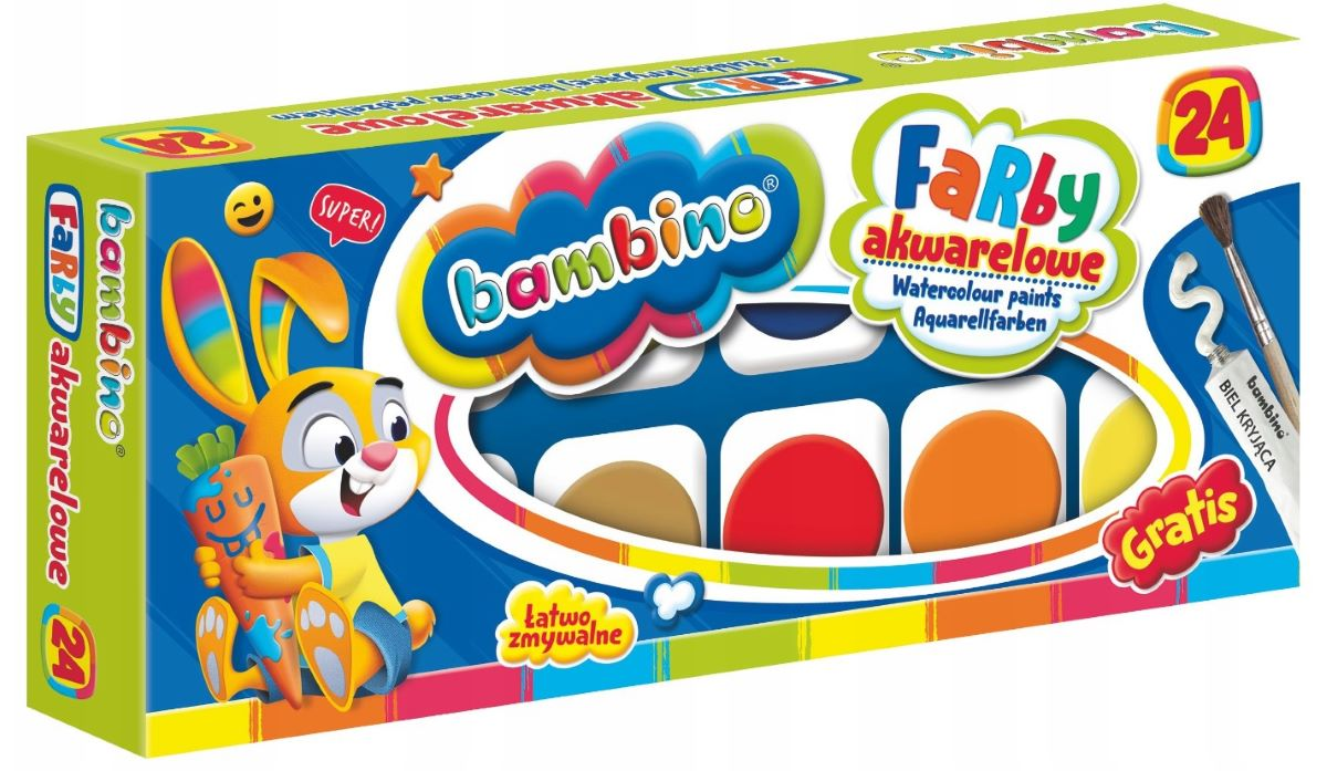 Farby akwarelowe Bambino 24 kolory w pudełku z kolorowymi pastilkami, pędzelkiem i maskotką królika na opakowaniu