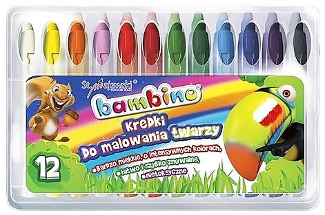 Kredki do malowania twarzy 12 kolorówBambino Kredki do malowania twarzy Bambino 12 kolorów w plastikowej obudowie.