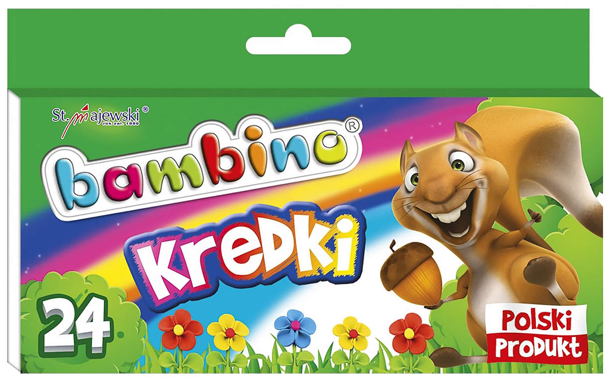 Kredki świecowe Bambino 24 kolory w opakowaniu kartonowym z kolorową grafiką wiewiórki i kwiatów.