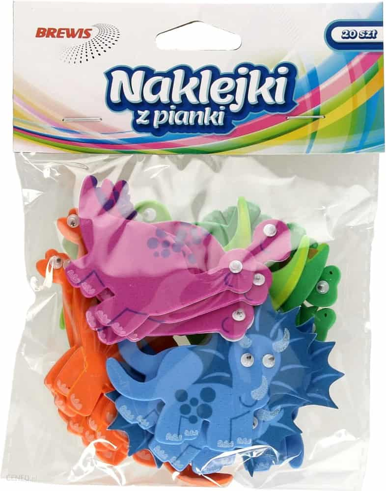 Naklejki z pianki dinozaury w kolorach różu, niebieskiego i pomarańczowego, 20 sztuk, z oczkami.