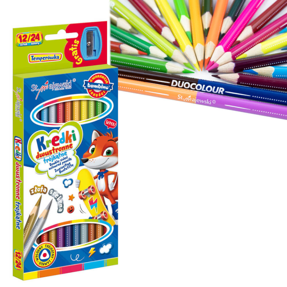 Kredki ołówkowe dwustronne trójkątne 12/24 Bambino Duocolour z temperówką, złota i srebrna kredka.