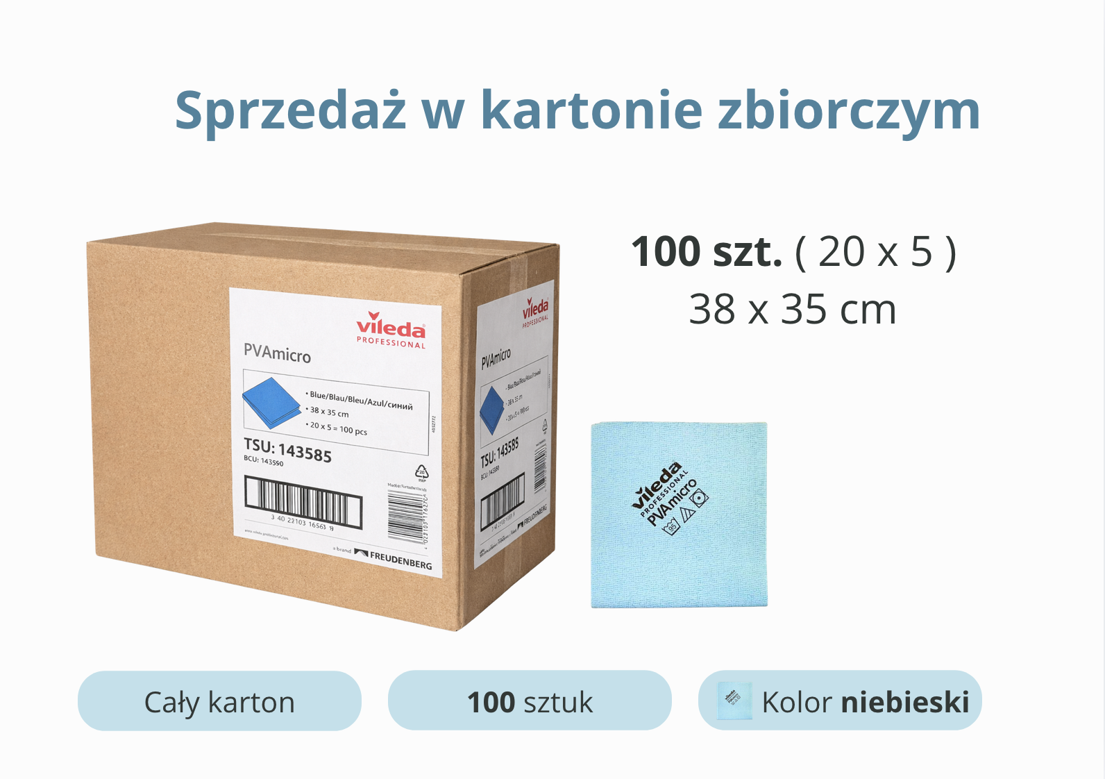 Ścierka Vileda PVAmicro niebieska 38x35cm, opakowanie zbiorcze 100 sztuk w kartonie.