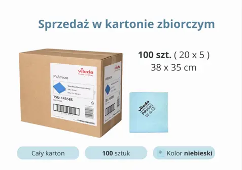 Ścierka Vileda PVAmicro niebieska 38x35cm, opakowanie zbiorcze 100 sztuk w kartonie.