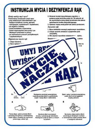 Tablica PCV instrukcja mycia i dezynfekcji rąk z piktogramami i polskim tekstem.