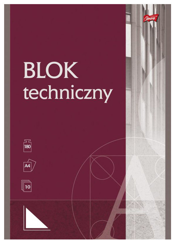 Blok Techniczny A-4 10 kart. Biały Unipap Blok zawiera 10 białych kredowych kartek o gramaturze 190 g/m2. Okładka kredowa o gramaturze 115 g/m2 wykorzystuje najnowsze motywy wzornicze UNIPAP. Dla podkreślenia, jakości wykończenia okładka jest dodatkowo nabłyszczana. Całość usztywniona tekturow...