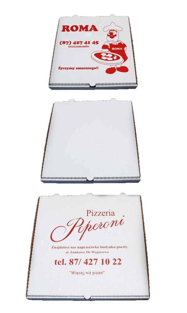 Karton do pizzy 60 cm biały z nadrukiem marki ROMA, widok pudełka zamkniętego z góry